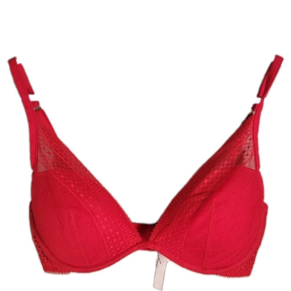 Victoria's Secret Lace Incredible Plunge Bra 34D Red Padded Underwire
